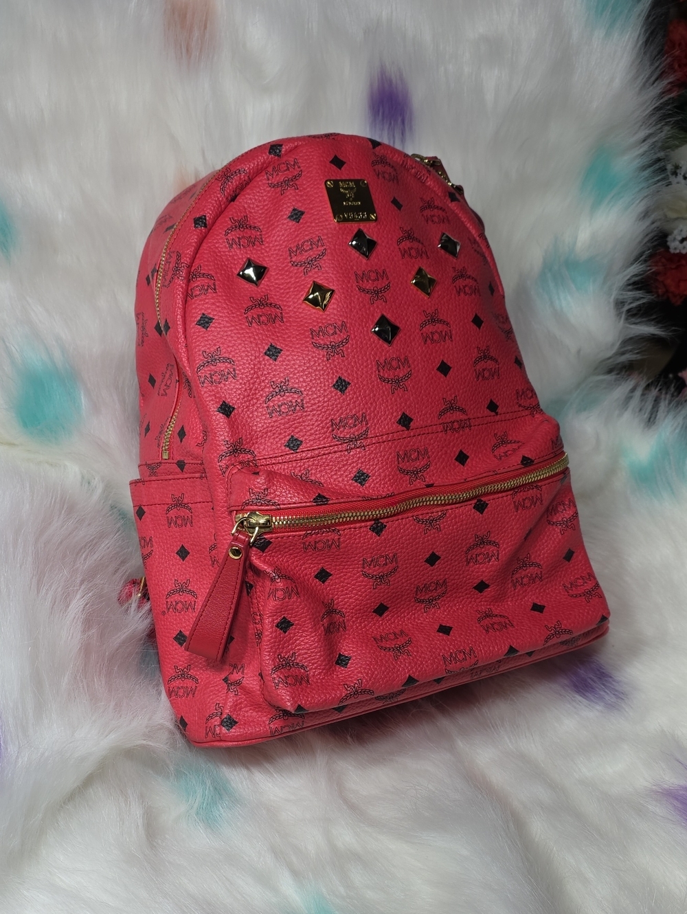 Authentic MCM Red Logo Studded Backpack with Gold Hardware W/Laptop Compartment